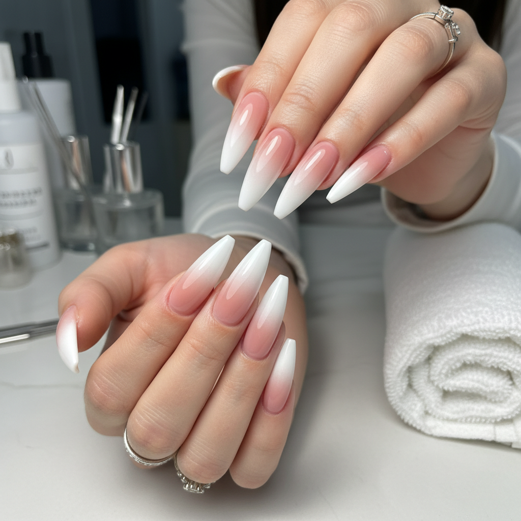 Pink to white ombre almond nails in salon setting