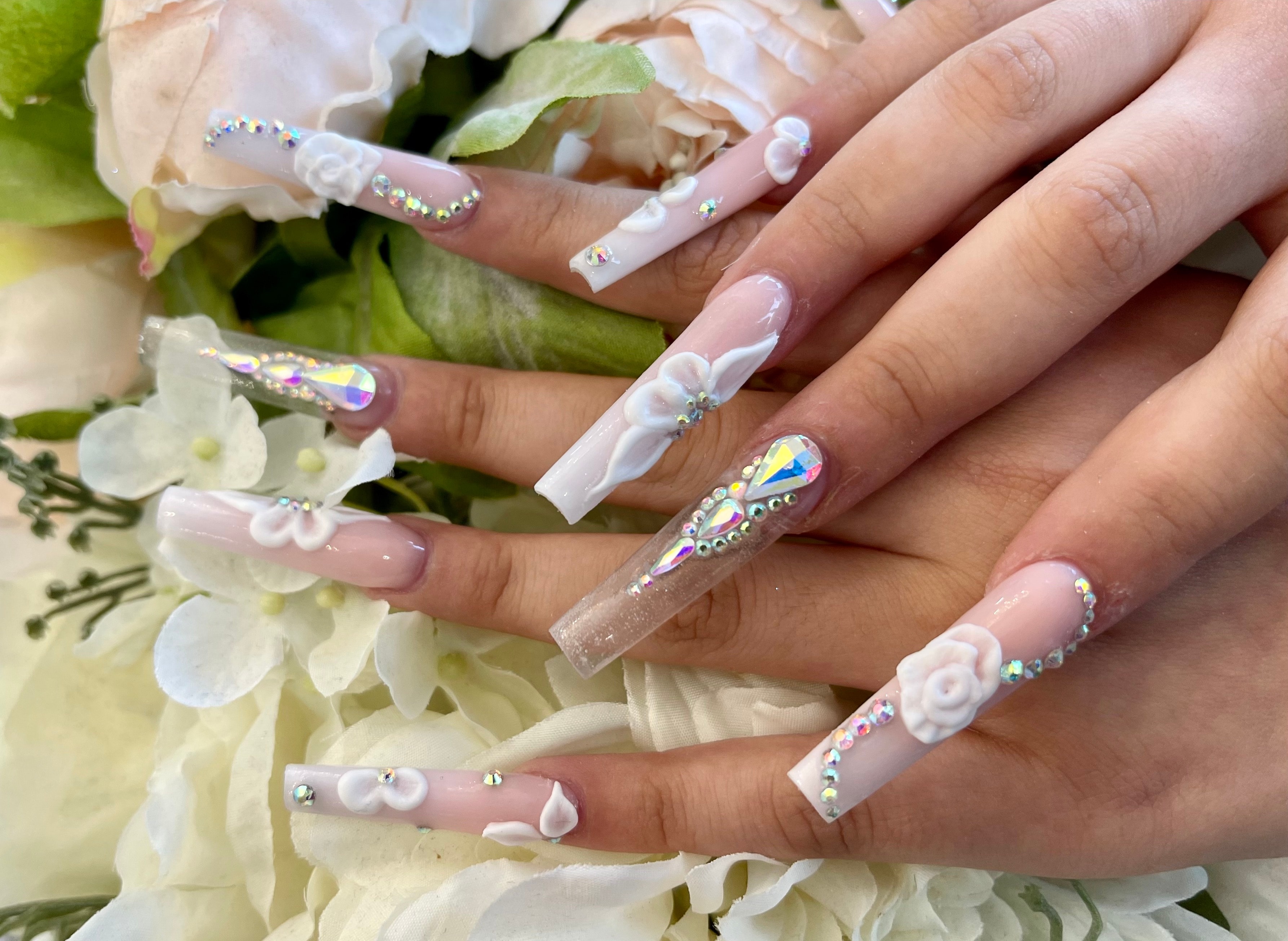 Bridal nails with 3D flowers and rhinestones